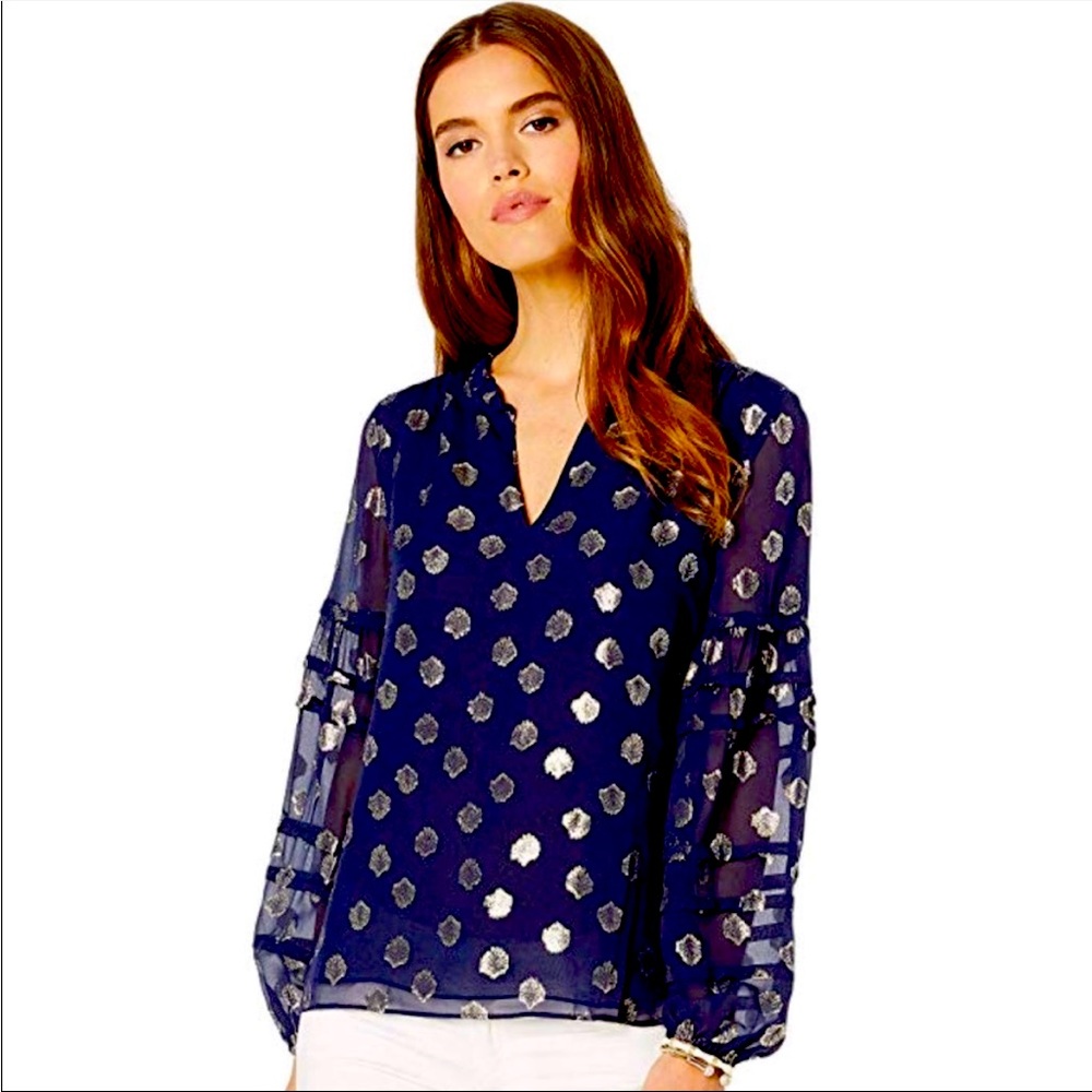 LILLY PULITZER GIANA SILK TOP TRUE NAVY SEAGRASS METALLIC CLIP CHIFFON